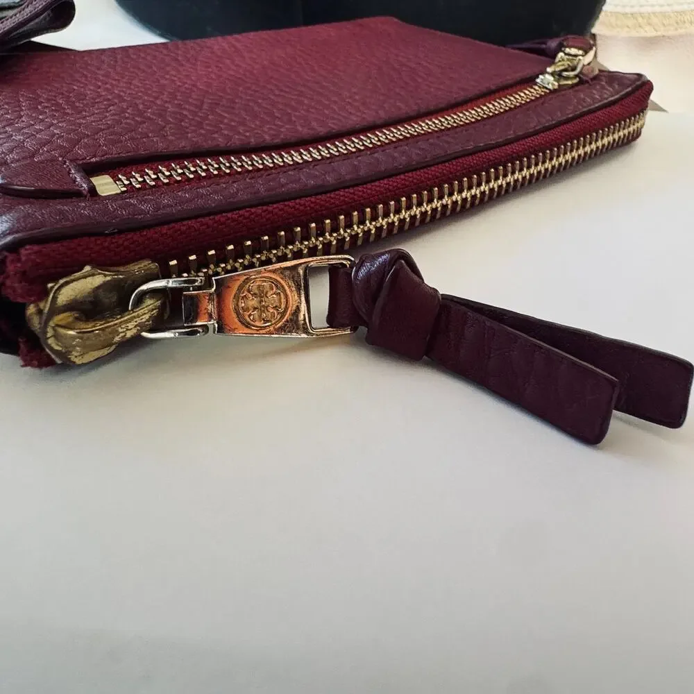 Tory Burch burgundy pebbled, leather large wristlet wallet zip clutch 6 x 8 GHW